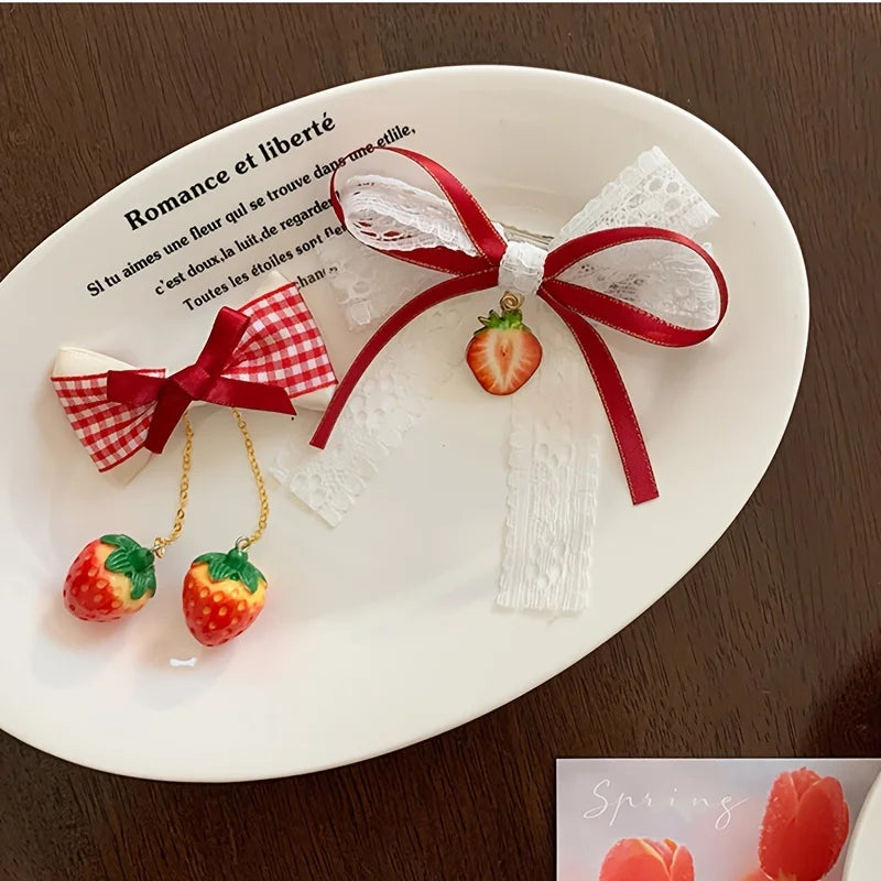 Lace Bow Strawberry Hair Clips – Set of 2 Cute Barrettes Hair Accessories Peaceful Pleasures Health and Wellness