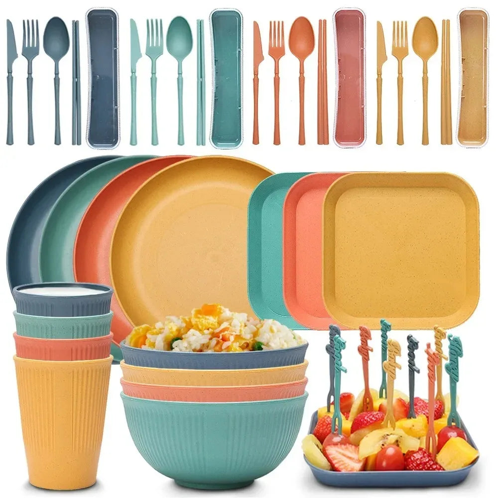 48-Piece Wheat Straw Eco-Friendly Dinnerware Set for 4 – BPA-Free Plates, Bowls, Mugs & Cutlery for Home & Camping