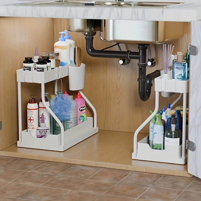 Double Layer Pull-Out Cabinet Organizer Rack | Kitchen Storage