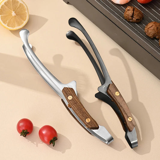Stainless Steel Outdoor Retro Barbecue Clip Wooden Handle Grilled Meat Clip Pan Fried Steak Heat Resistant Kitchen Food Clip New Peaceful Pleasures Health and Wellness