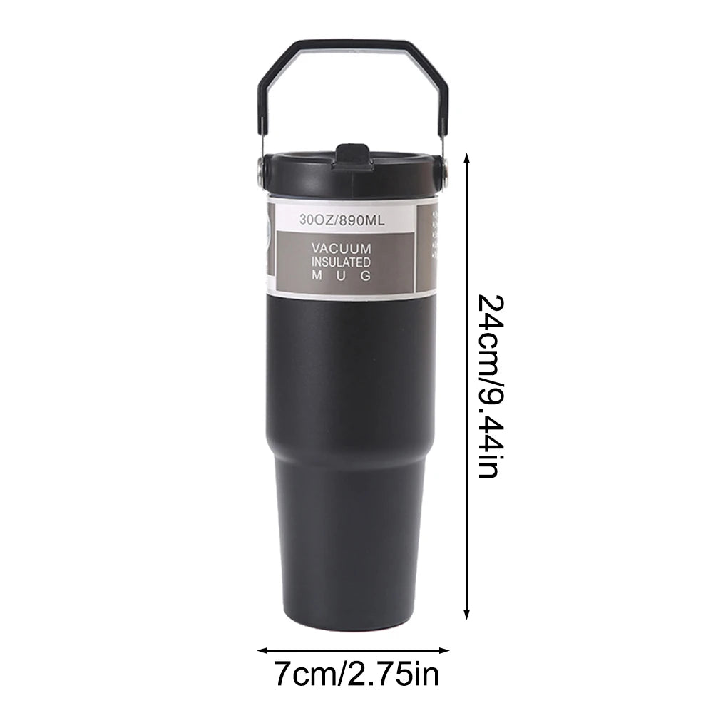 30OZ Portable Car Cup Stainless Steel Thermos Cup with Straw Travel Sports Water Bottle With Handle Cover Coffee Vacuum Flask Peaceful Pleasures Health and Wellness