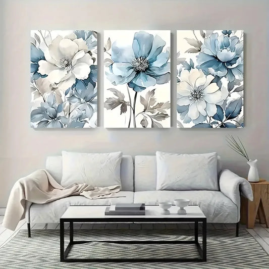 3-Piece Blue White Flower Canvas Wall Art | Modern Floral Set Canvas Wall Art Peaceful Pleasures Health and Wellness