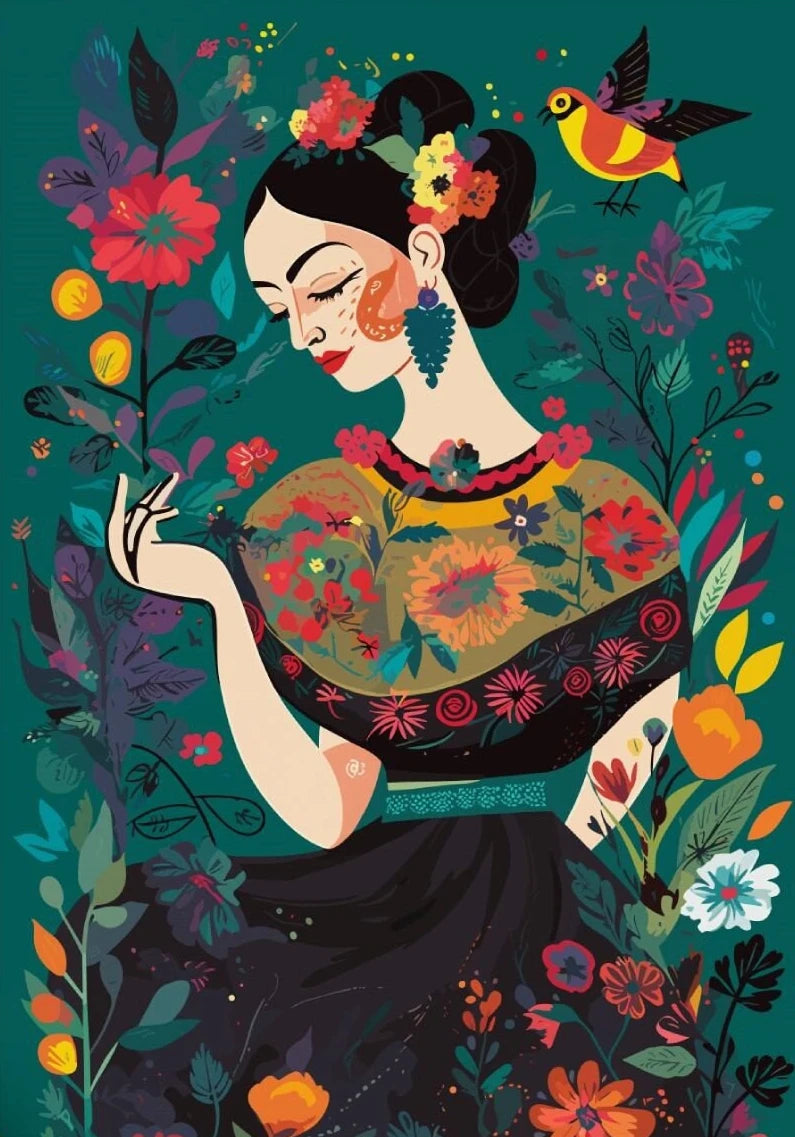Latina Woman Floral Canvas Wall Art | Ethnic Maximalist Print