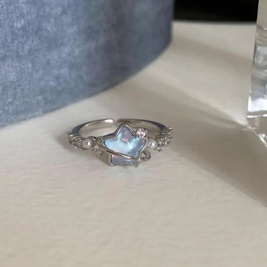 Exquisite Blue Star Moon Zircon Ring for Women Niche Design Accessory Peaceful Pleasures Health and Wellness star