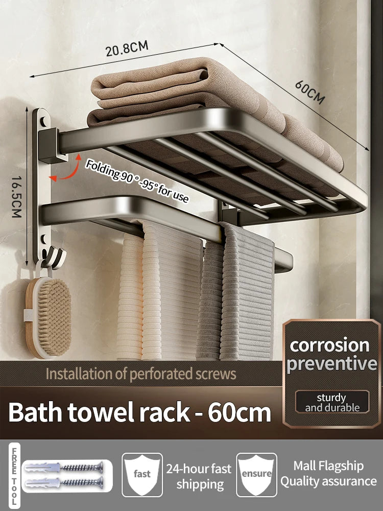 Folding Aluminum Towel Rack with Hook | 50CM & 60CM Grey/Black