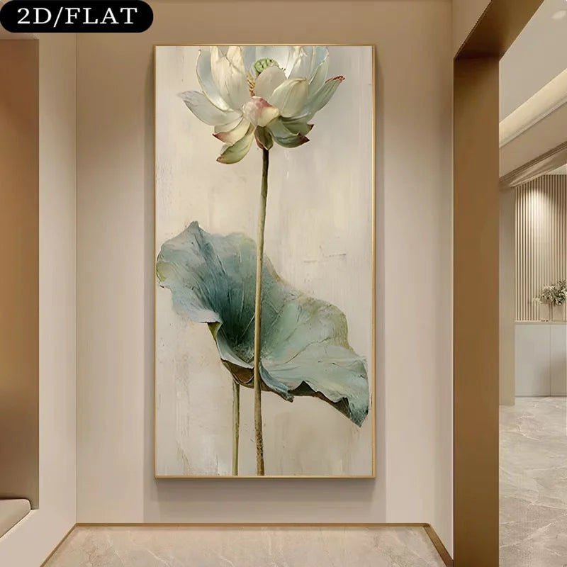 2D Flat, Elegant Lotus Flower Frameless Canvas Painting, Large Size for Living Room, Bedroom, Study. Simple Wall Decoration. Peaceful Pleasures Health and Wellness