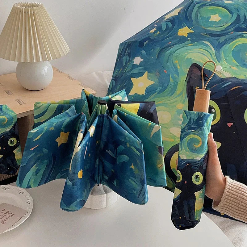 Green Cartoon Cat Folding Umbrella – UV & Rain Protection