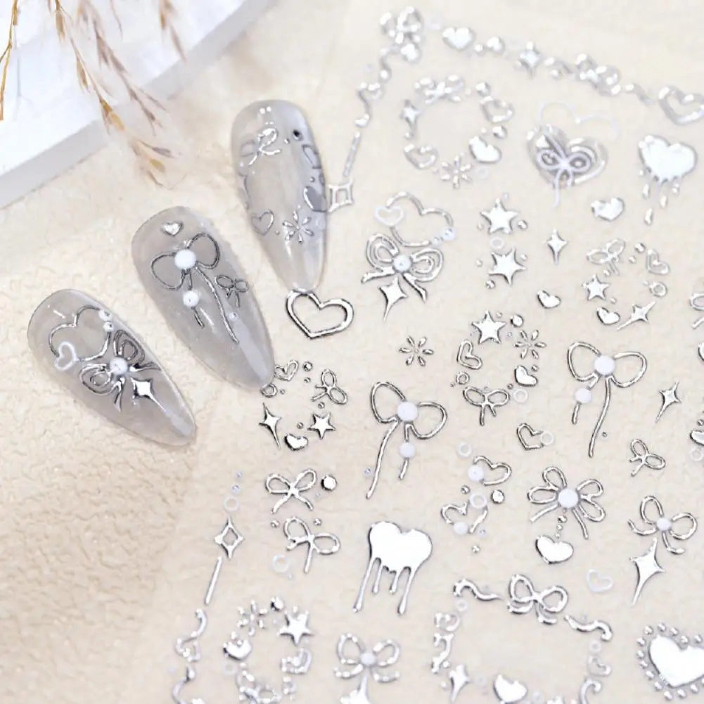 Heart Bow Nail Stickers – Gold Foil Rose Embossed DIY Nail Art