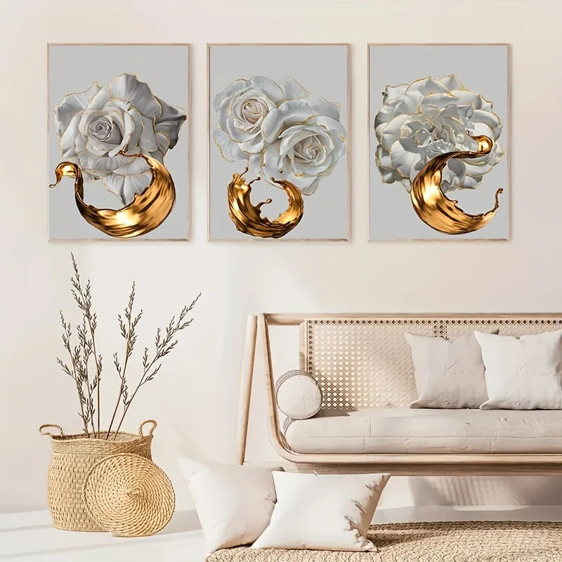3pcs Frameless White Rose Golden Edge Flower Canvas Art Posters, Abstract Golden Art Painting, Modern Wall Picture Home Decor Peaceful Pleasures Health and Wellness