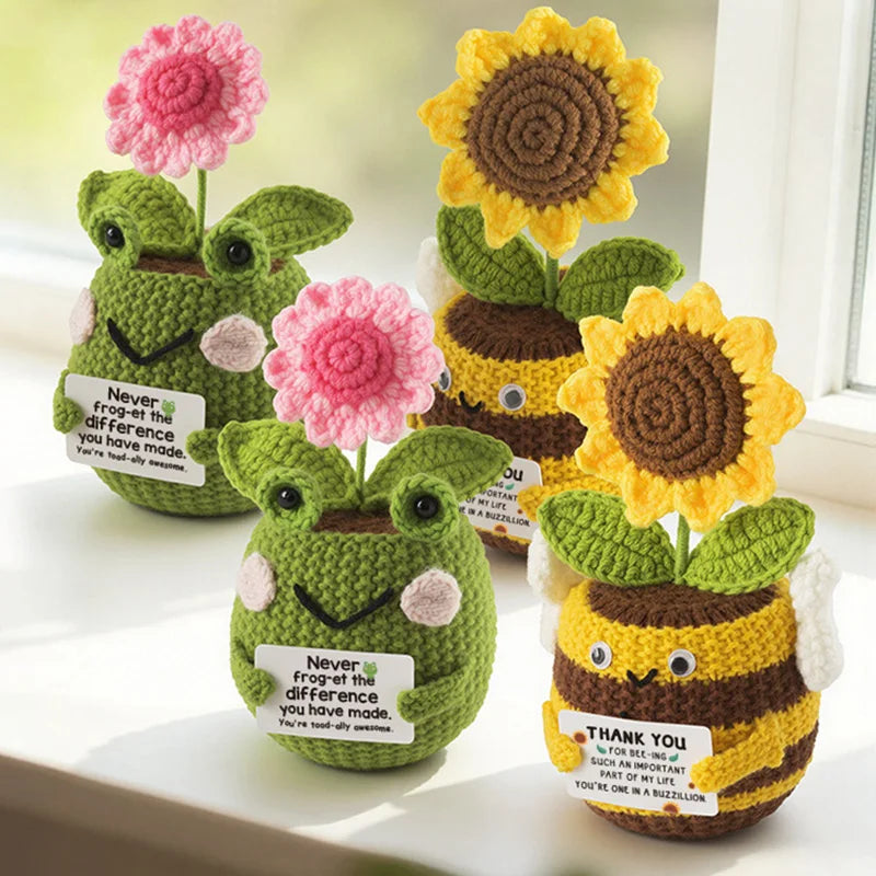 Handmade Crochet Frog Bee Plant Pot Doll | Desk Ornament Gift