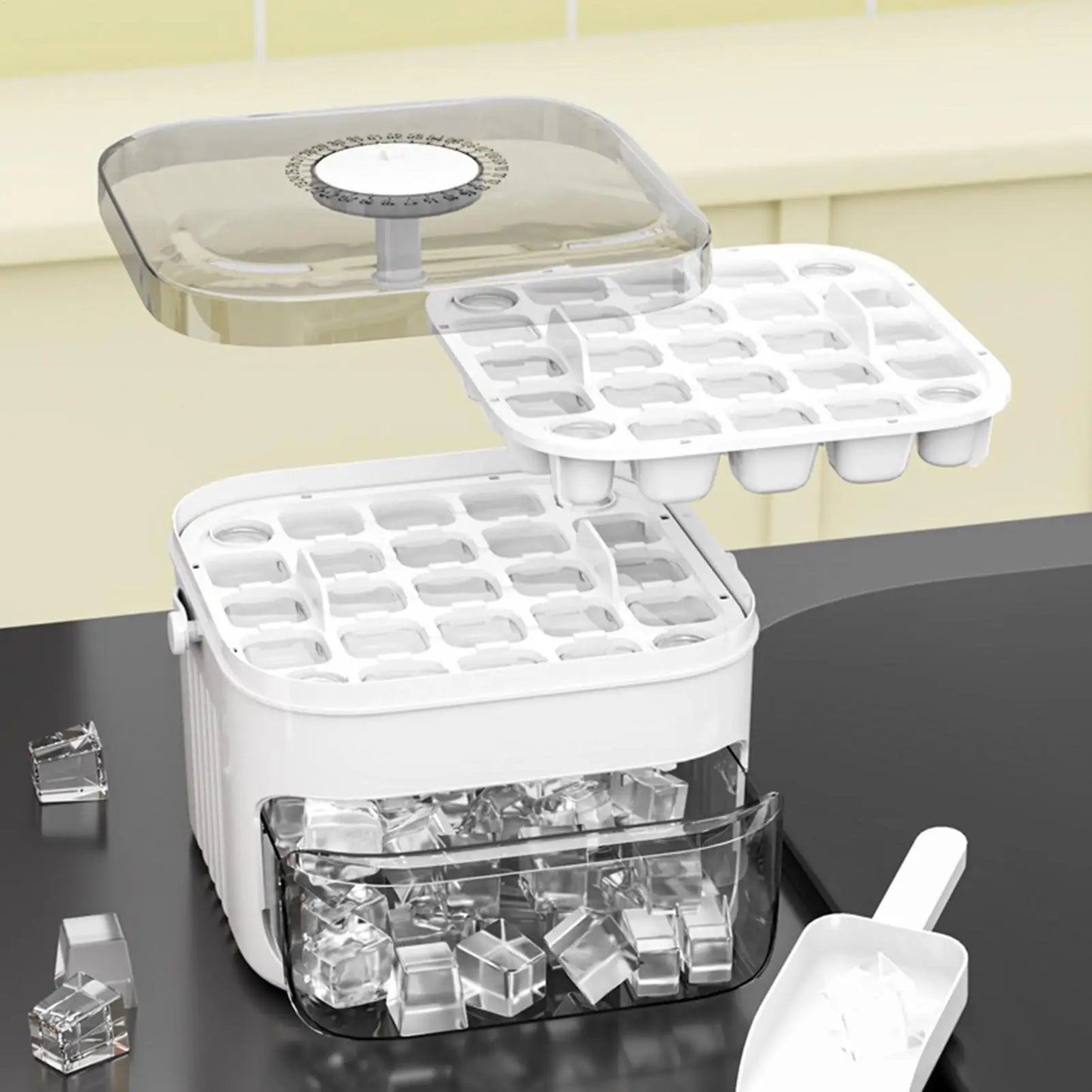 Double Layer Ice Cube Tray with Lid, Bin & Pull-Out Drawer