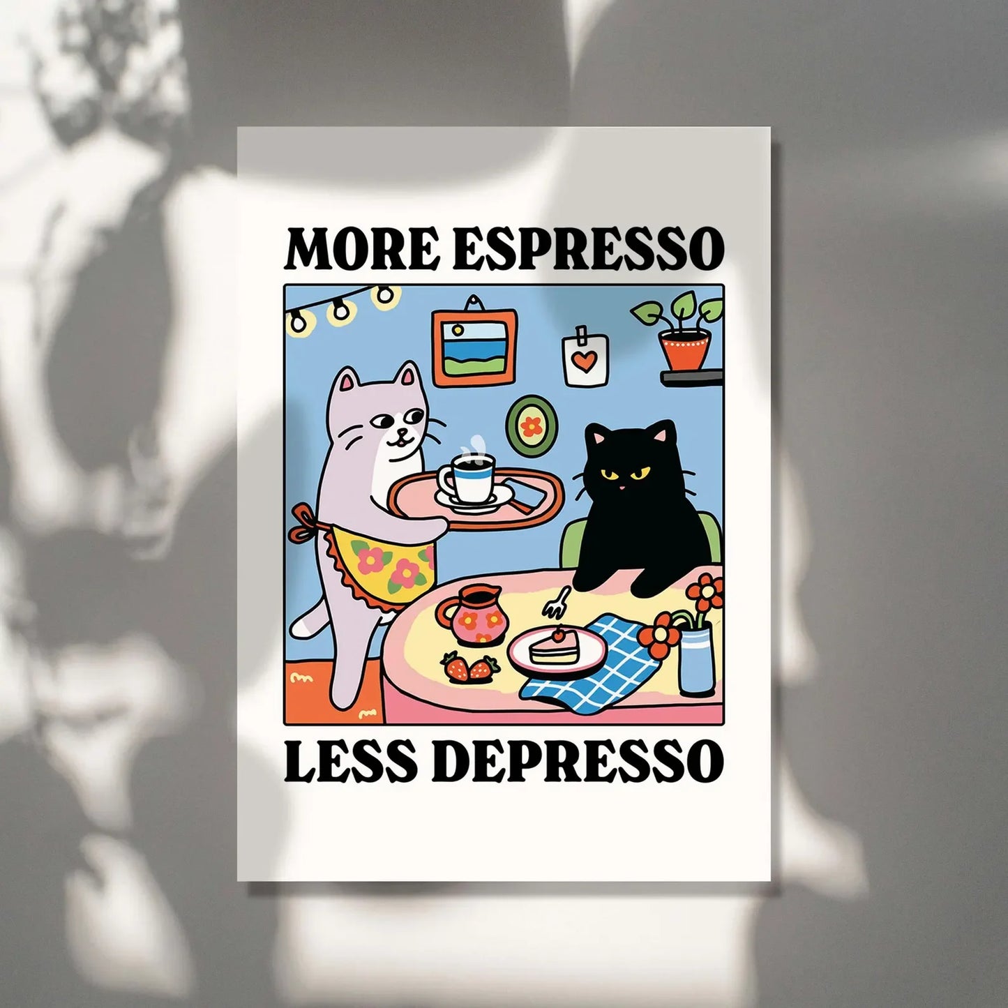 More Espresso Less Depresso Black Cat Canvas Wall Art Print