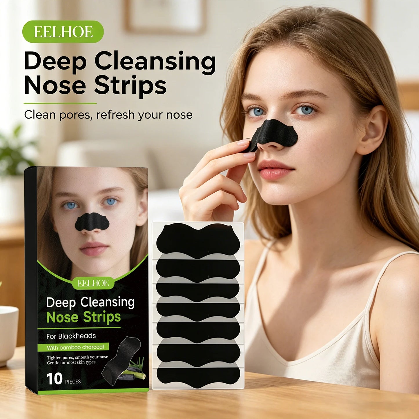 Deep Cleansing Nose Strips Removing Blackhead Unclogs Pores Control Oil Smooths Nose Skin Refreshing Bamboo Charcoal Pore Strips Peaceful Pleasures Health and Wellness
