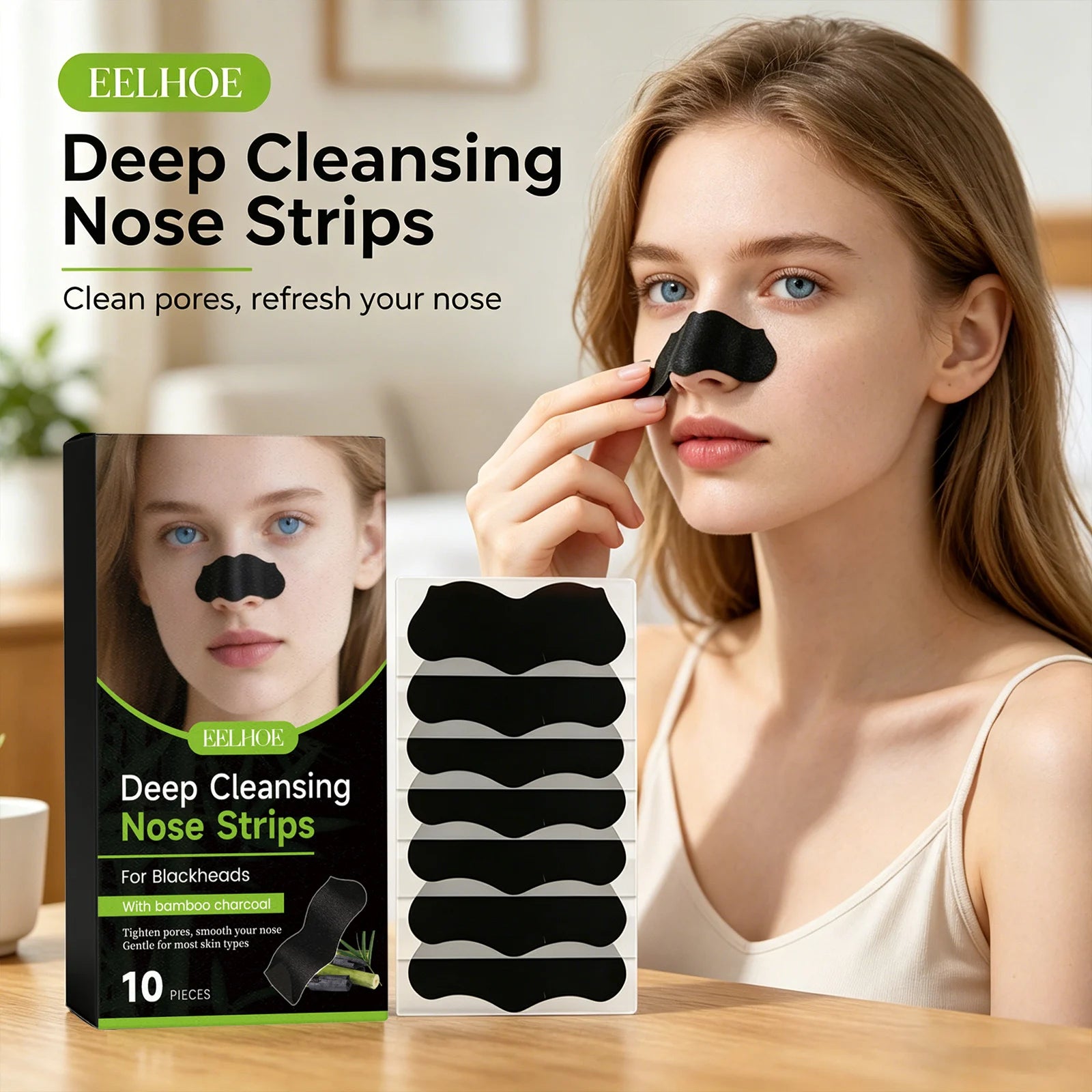 Deep Cleansing Nose Strips Removing Blackhead Unclogs Pores Control Oil Smooths Nose Skin Refreshing Bamboo Charcoal Pore Strips Peaceful Pleasures Health and Wellness