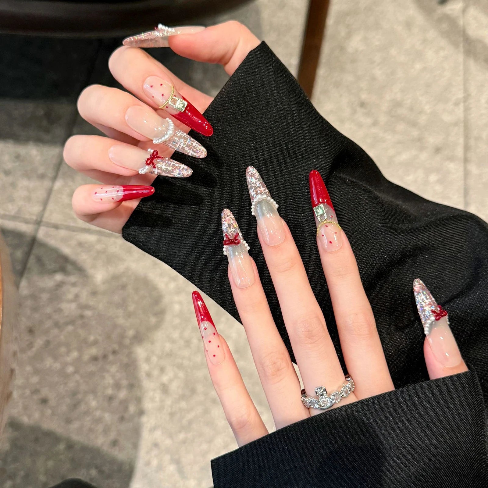 Handmade Long Oval Press on Nails Sweet Red Bow French Fake Nails Full Cover Wearable Shiny Sequins Korean Cute False Nail Tips Peaceful Pleasures Health and Wellness