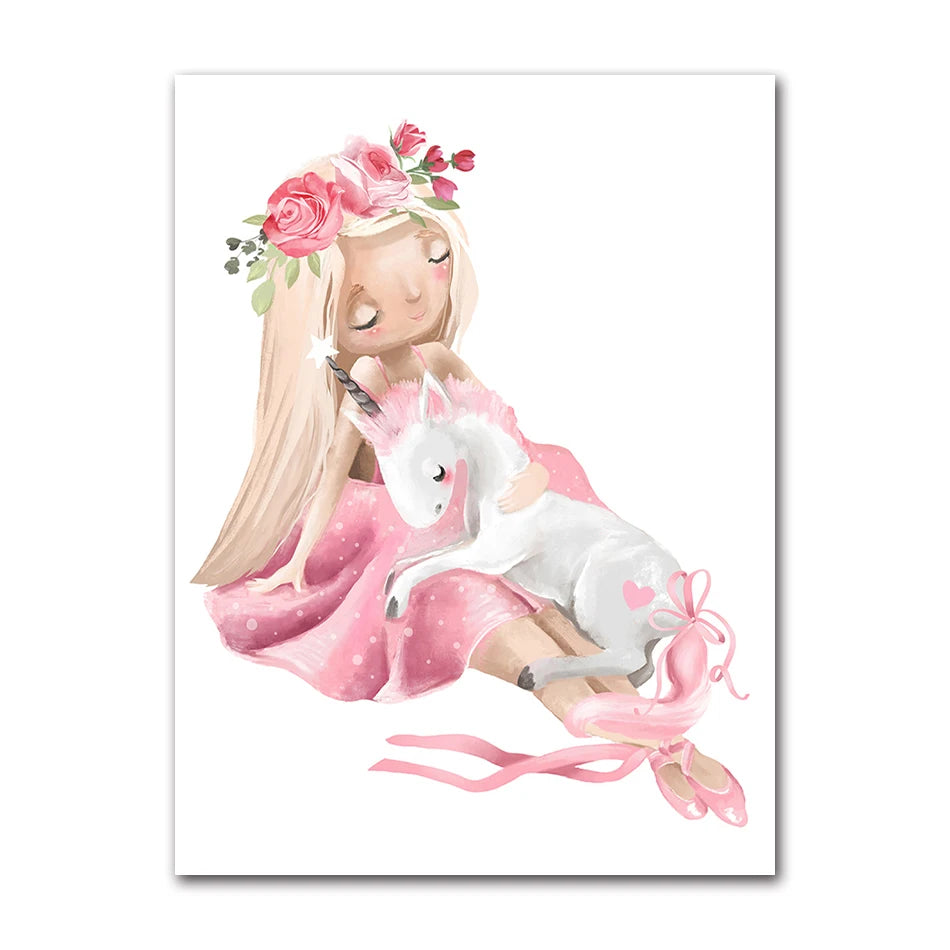 Kids Canvas Wall Art | Ballet Girl Rabbit Unicorn Poster Print