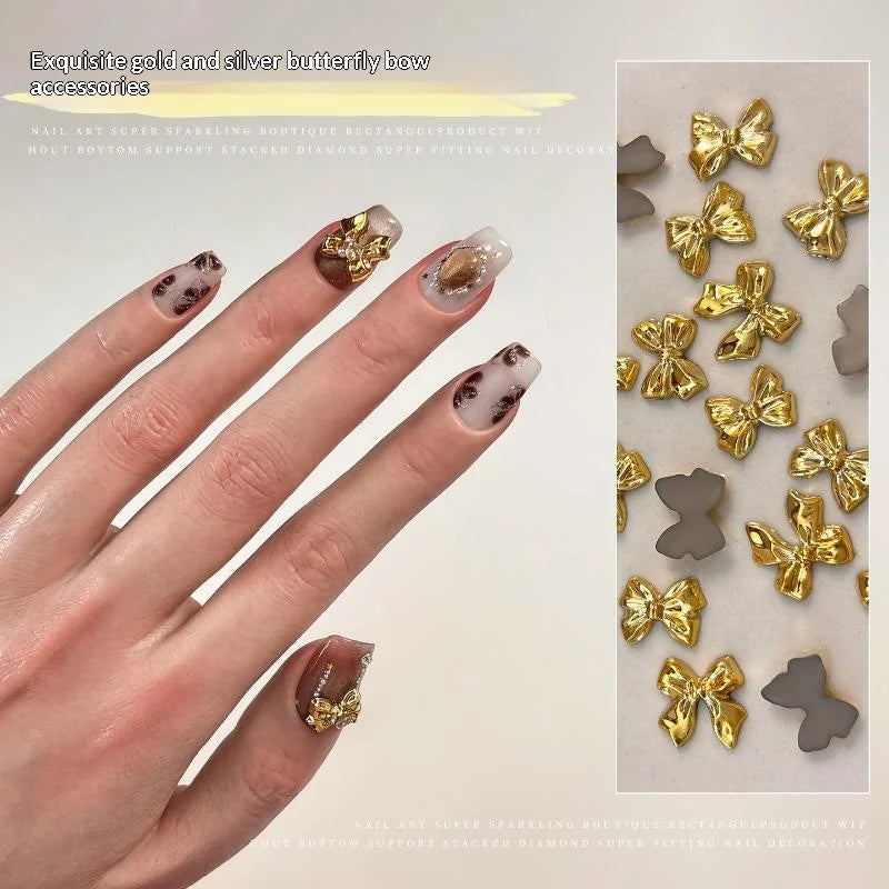 50pcs Gold Silver Brief French Bow Tie Bowknots Ribbon Resin Nail Art Rhinestones Decorations Manicure Imitation Metal Charms Peaceful Pleasures Health and Wellness