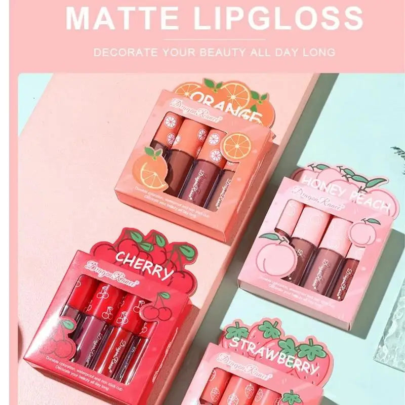 Dragon Ranee 4-Piece Velvet Matte Lip Gloss Set – Fruit Scented