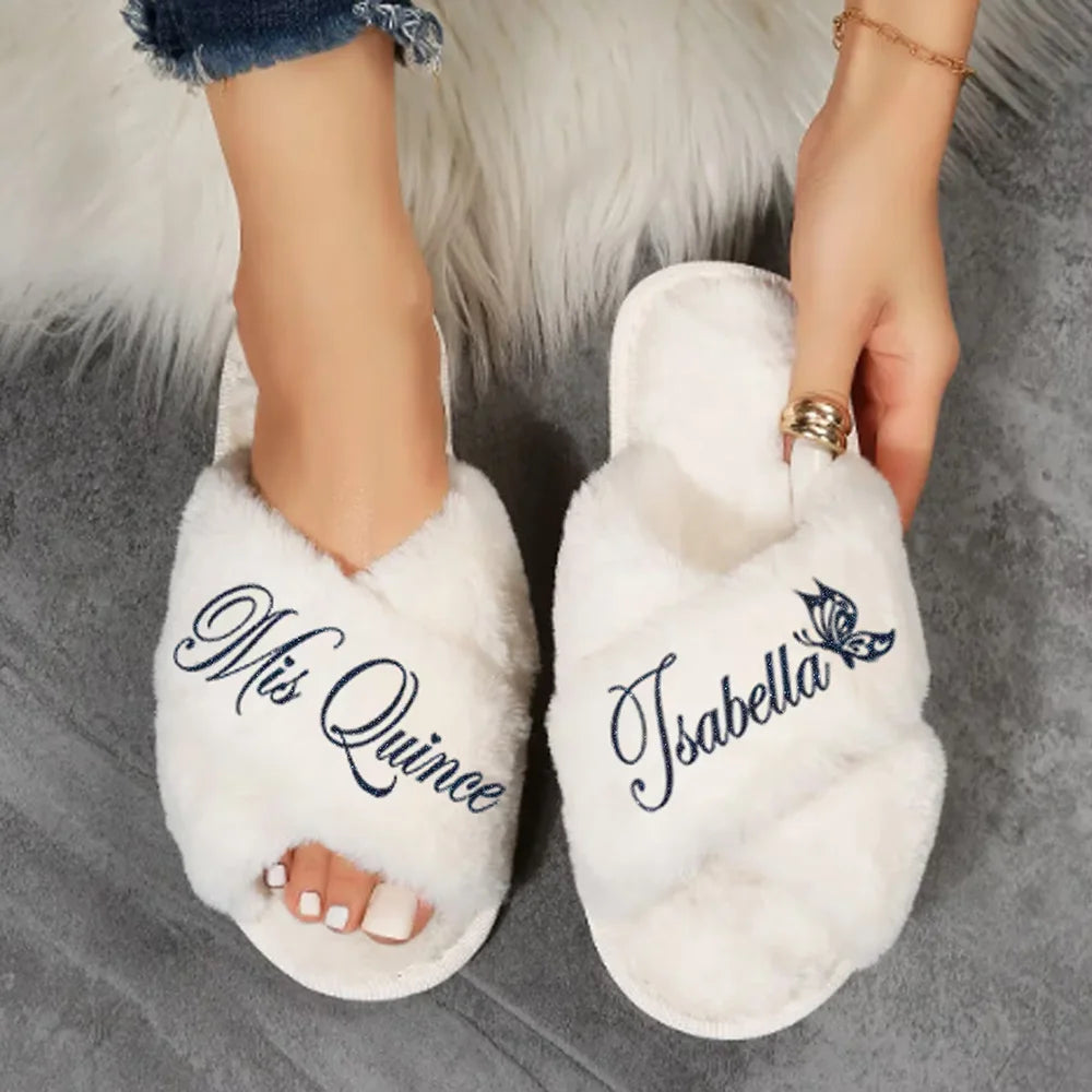 Custom Mis Quince Fluffy Slippers – Quinceañera Birthday Gift