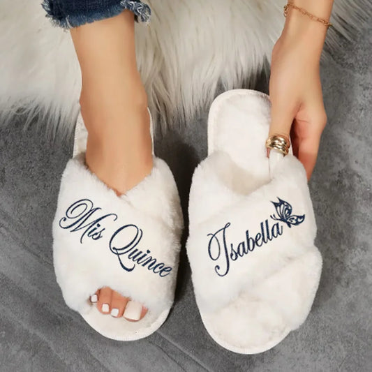 Custom Mis Quince Fluffy Slippers – Quinceañera Birthday Gift Personalized Slippers Peaceful Pleasures Health and Wellness