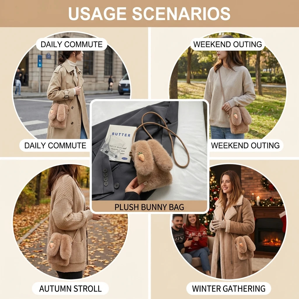 Women Faux Fur Crossbody Bag Lightweight and Stylish Rabbits Design Bag for Autumn Winter Peaceful Pleasures Health and Wellness