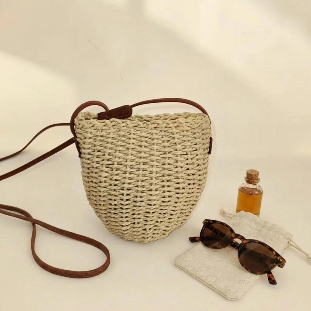Handwoven Straw Bucket Bag For Women Vintage Style Natural Wicker Crossbody Shoulder Bag With Adjustable Strap Peaceful Pleasures Health and Wellness