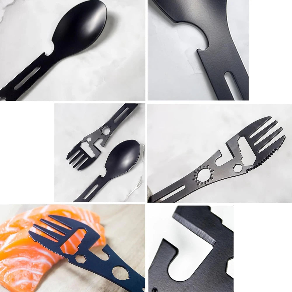 Multi-Function Fork Spoon,5-in-1 Multifunctional Spork Combo, Fork, Knife Bottle Opener, Multi Flatware for Camping, Hiking Peaceful Pleasures Health and Wellness