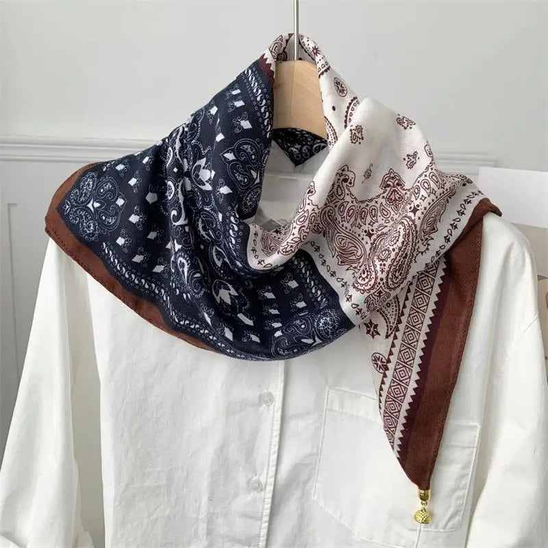 70x70 Retro Print Square Silk Scarf with Magnetic Buckle