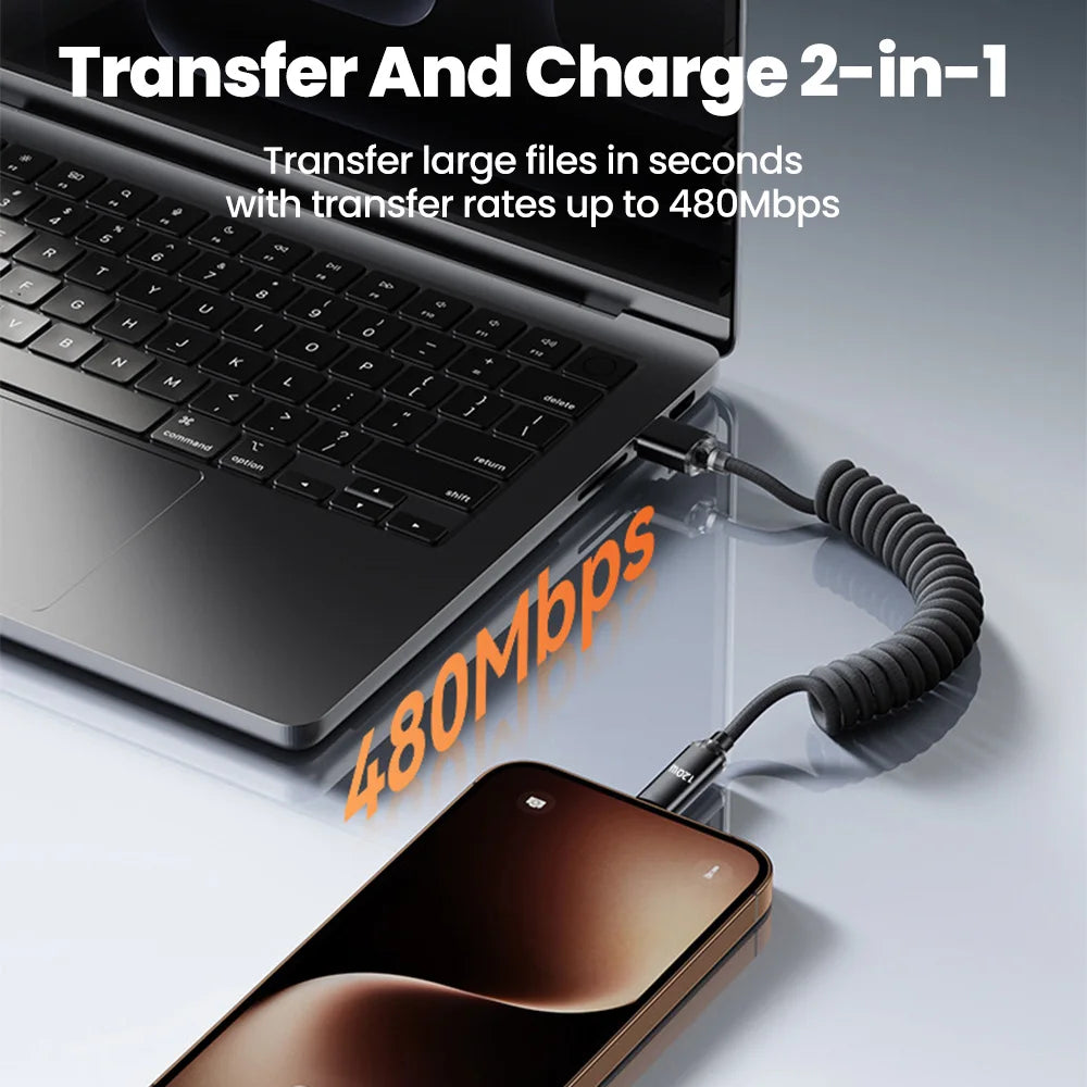 120W Retractable USB-C Spring Cable 5A Fast Charge | 1m & 2m