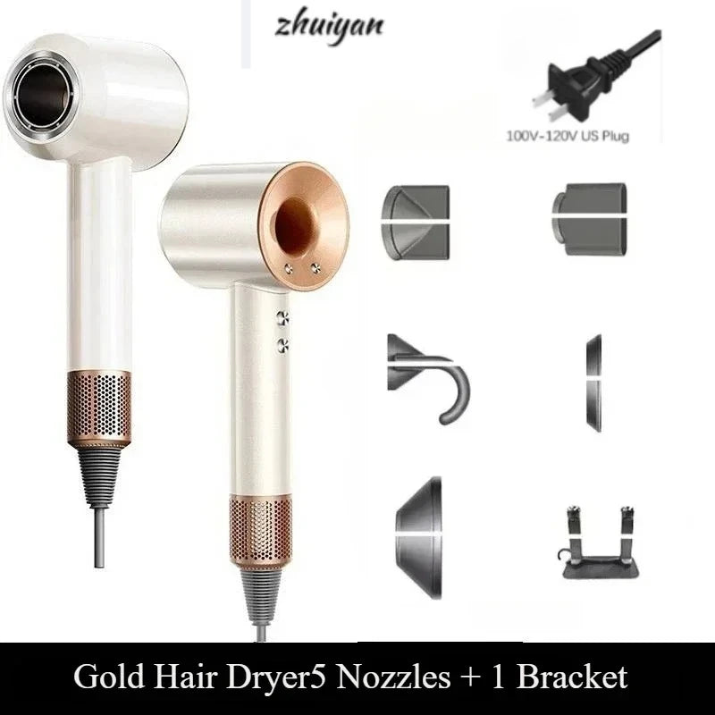 2026 Negative Ion with Air Collecting Scattering Nozzle Salon Tool for Home Travel Professional Leafless Wall-mounted Hair Dryer Peaceful Pleasures Health and Wellness gold 5 nozzles US