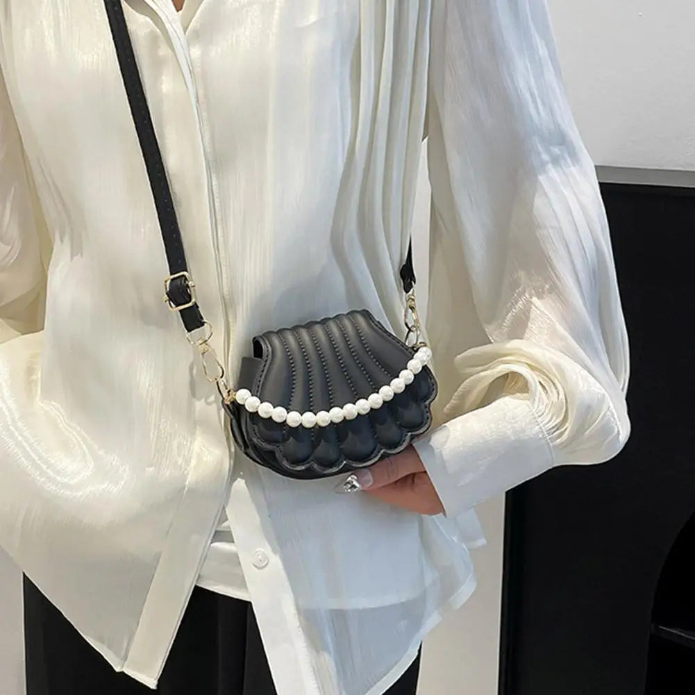 Fashion Shell Shape Crossbody Bag French style Elegant Pearl Chain Handbag PU Leather Shoulder Bag Minimalist Women Hobo Bag Peaceful Pleasures Health and Wellness