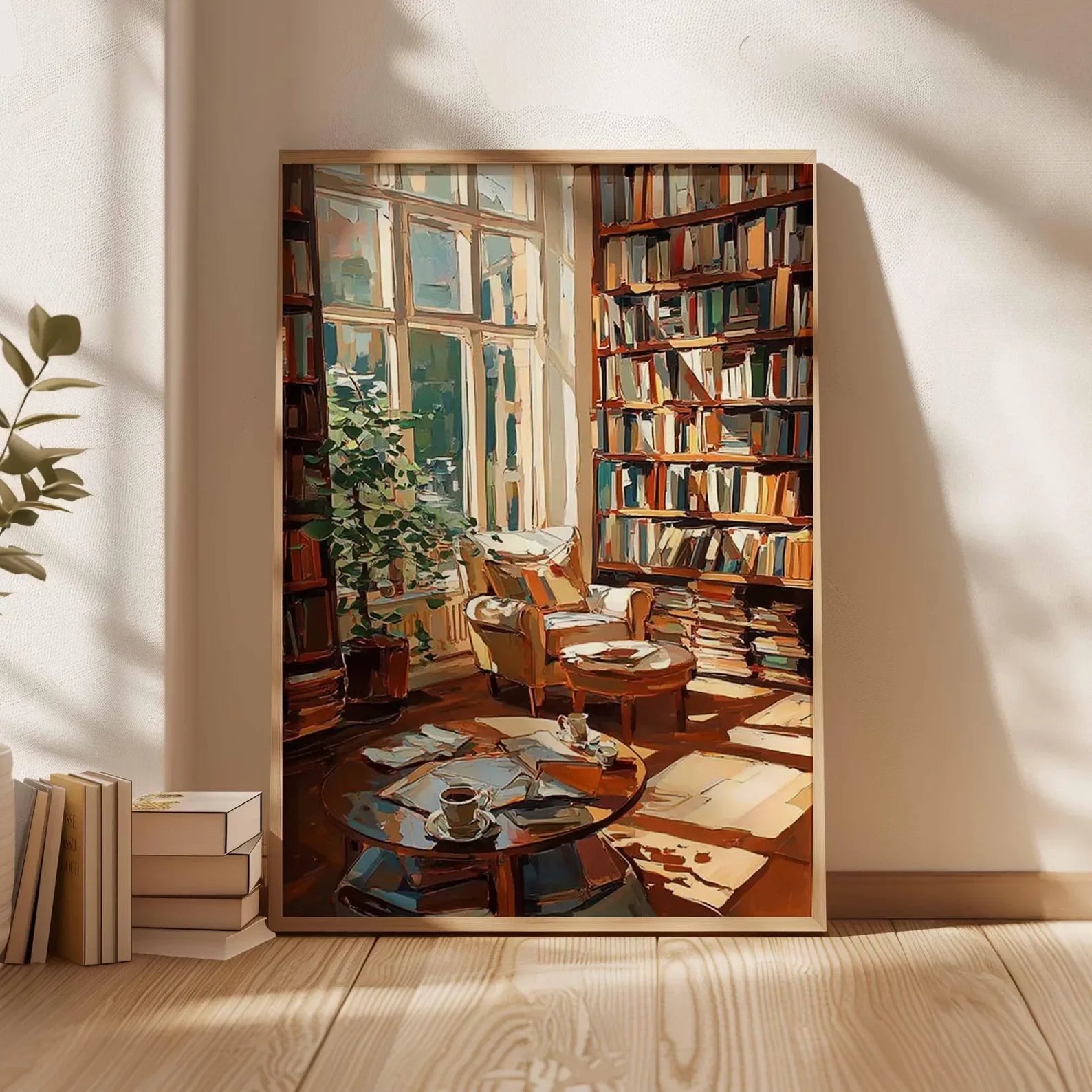 Cozy Reading Room Art Print | Impressionist Library Poster | Book Lover Wall Art | Warm Home Decor | Rustic Study Painting Style Peaceful Pleasures Health and Wellness