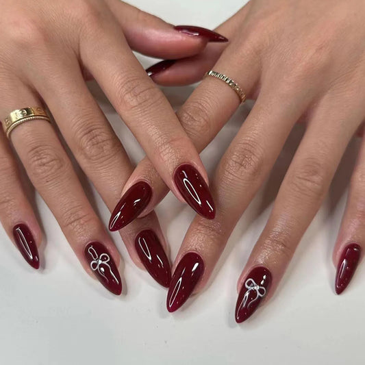 Korean Bow Press On Nails – Wine Red Almond | 24pcs Set Press On Nails Peaceful Pleasures Health and Wellness 2