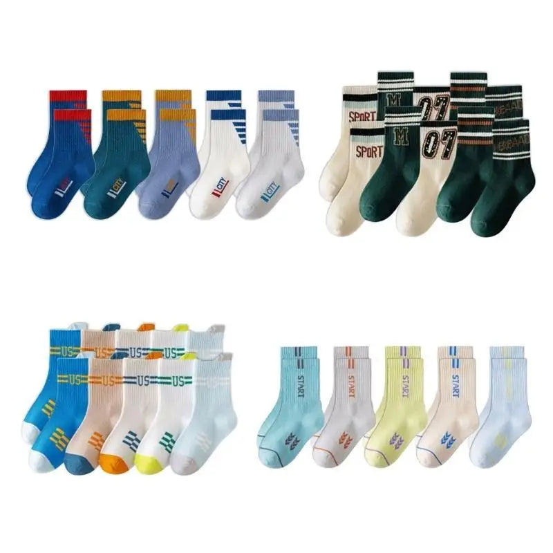 Kids Cotton Sport Socks 5 Pairs | Letter Print Boys & Girls