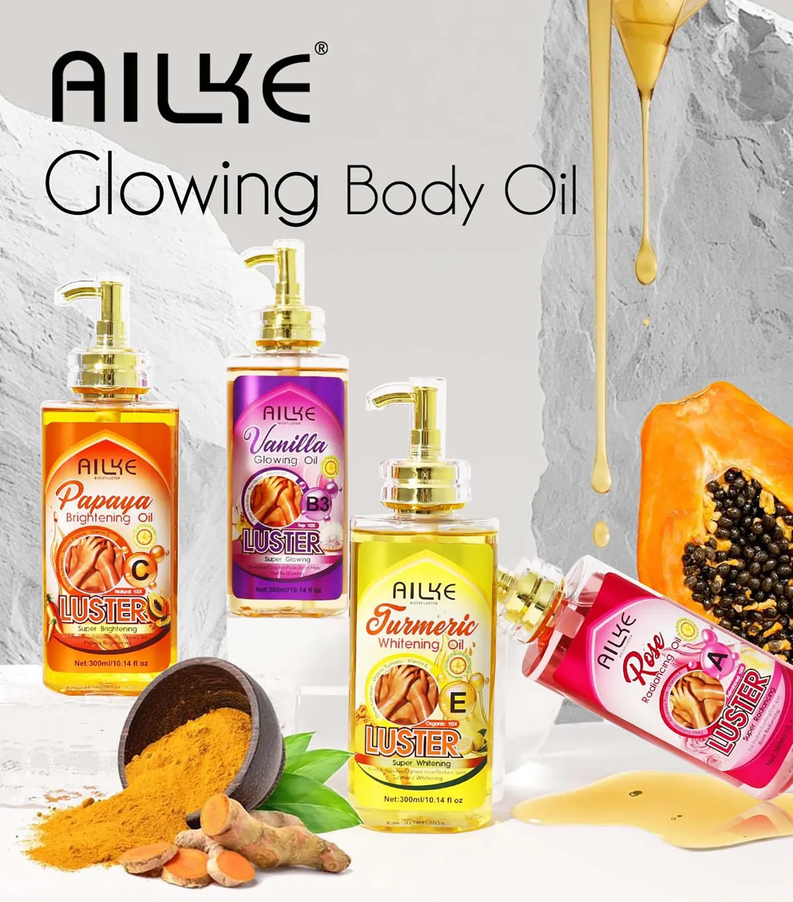 AILKE Skin Glowing Whitening Body Oil – All Skin Types 300ml Peaceful Pleasures Health and Wellness