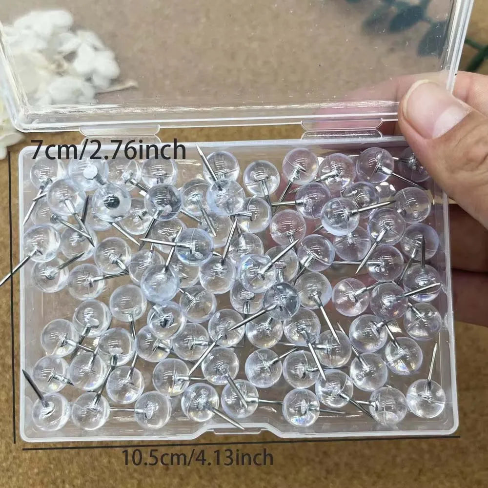 100 Clear Push Pins – Steel Thumb Tacks for Bulletin Board