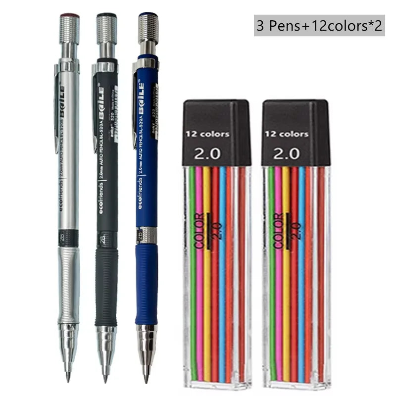 Mechanical Pencil Set 2.0 mm with 2B Black/Colors Lead Refill For Writing Sketching Art Drawing Painting School Automatic Pencil Peaceful Pleasures Health and Wellness Color Pencil set B