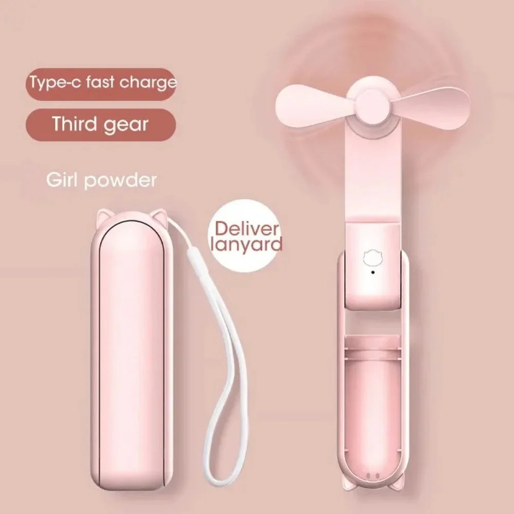 3-in-1 Foldable Mini Handheld Fan – USB Rechargeable Power Bank