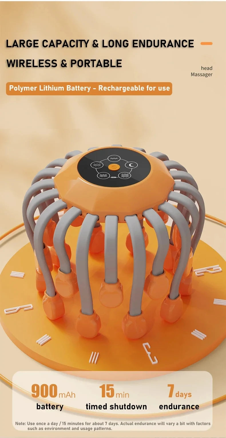 20 Massage Heads Orange Scalp Massager - Red Light Vibrating Octopus Scratcher for Relaxation, Stress Relief Peaceful Pleasures Health and Wellness