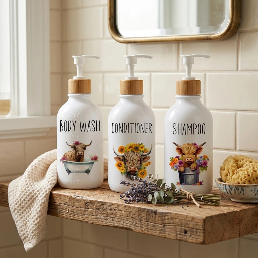 Highland Cow Sunflower Soap Dispenser – 3 Piece Refillable Clear Pump Dispenser Set