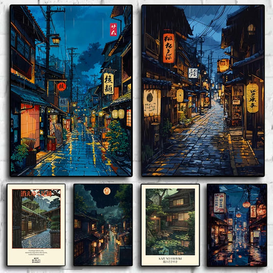 Retro Japanese City Rain Canvas Wall Art Poster | Frameless Canvas Wall Art Peaceful Pleasures Health and Wellness