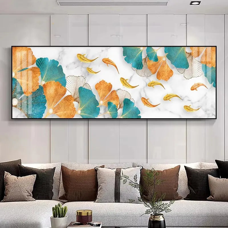 Large Wall Decorative Painting on Canvas Chinese Style Koi Poster Nine Fish Illustration Feng Shui Carp Lotus Pond Home Decor Peaceful Pleasures Health and Wellness ZLH3493 80x240cm Unframed