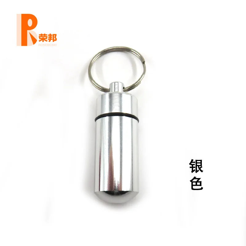 Aluminum Waterproof Pill Box Cases with Sealed Storage, Flat Head, Round Alloy Cartridge and Keychain for Vitamin Fish Oils Peaceful Pleasures Health and Wellness Silver