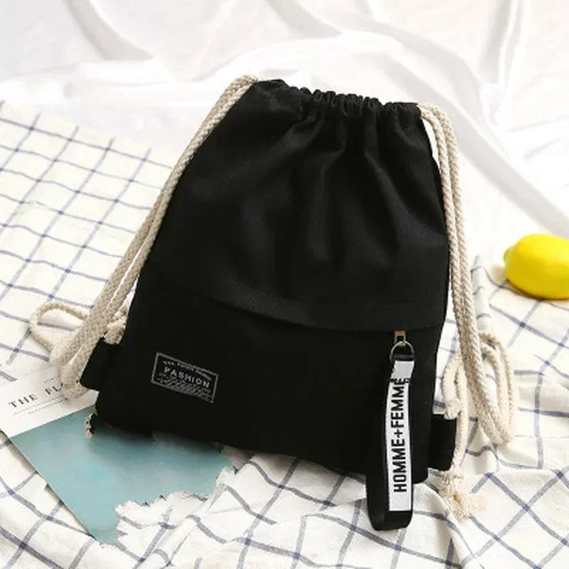 Canvas Drawstring Backpack Casual School Bag Double Shoulder Travel