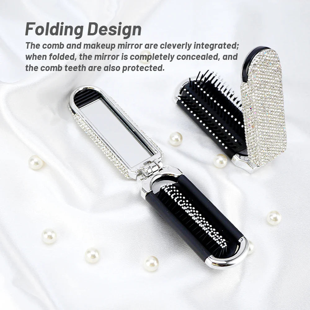 Crystal Foldable Hair Brush with Mirror – Compact Pocket Size