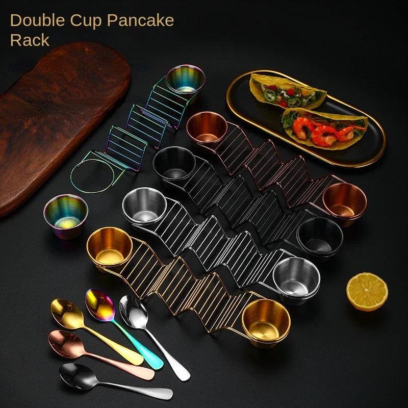 Mexican Restaurant Stainless Steel Pancake Rack Spring Roll Taco Holder Pizza Display Stand with 2pcs Sauce Cup &1 Dessert Spoon Peaceful Pleasures Health and Wellness