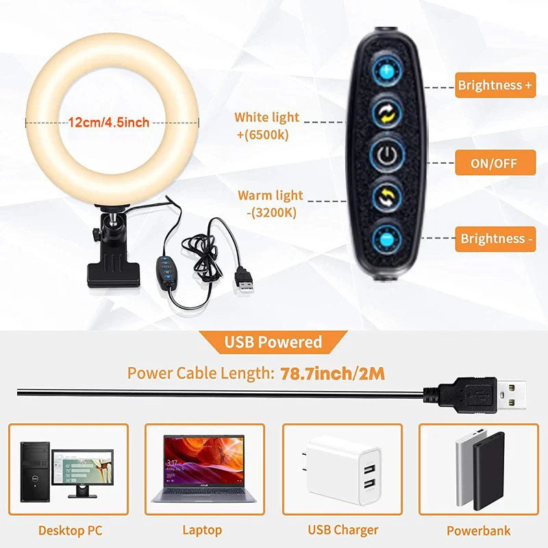 4-Inch Clip-On LED Ring Light | 5 Color Temps for Video & Makeup