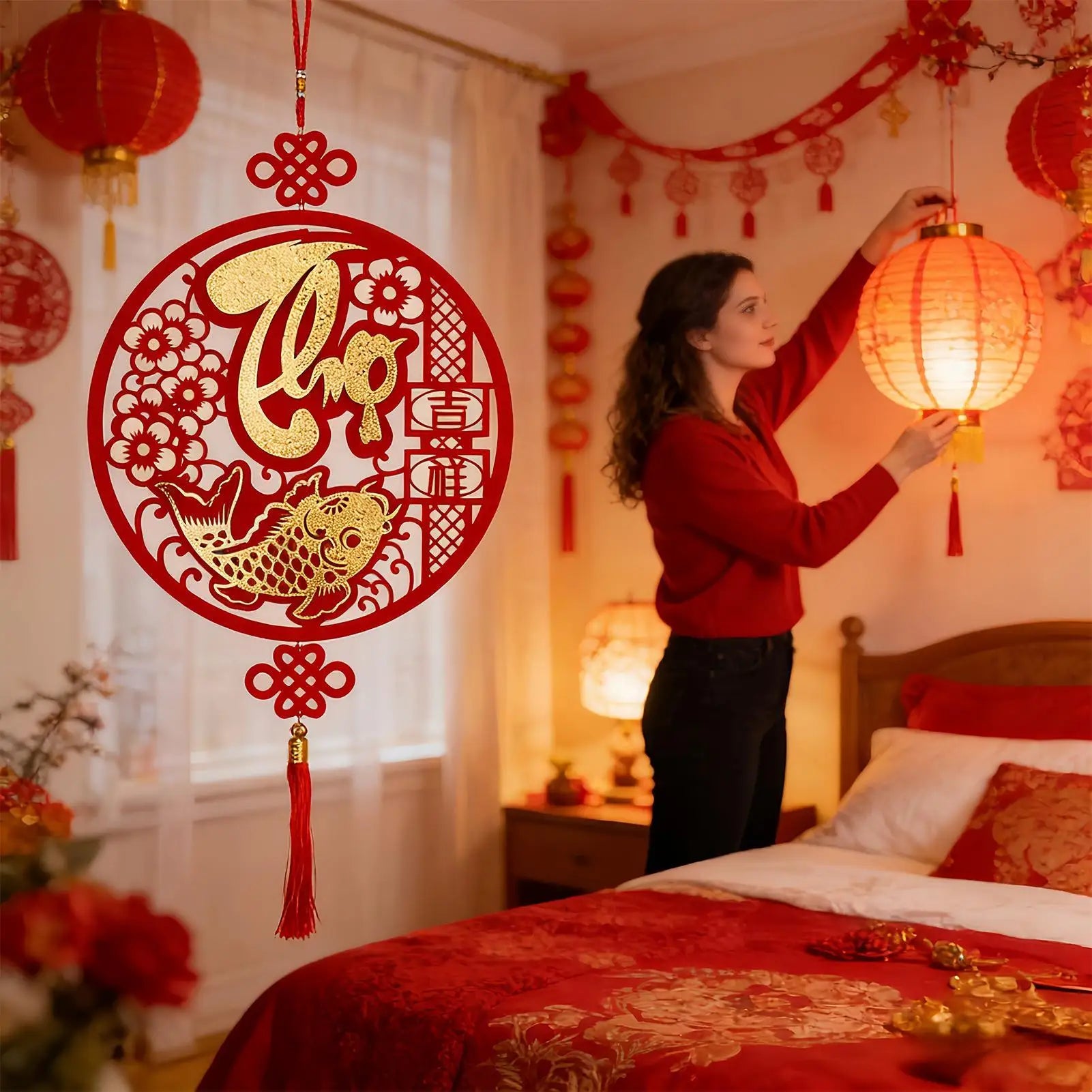 Chinese New Year Decorations Vietnamese Holiday Pendant 2026 Spring Festival Red And Gold Wall Decorations For Home Office Car Peaceful Pleasures Health and Wellness