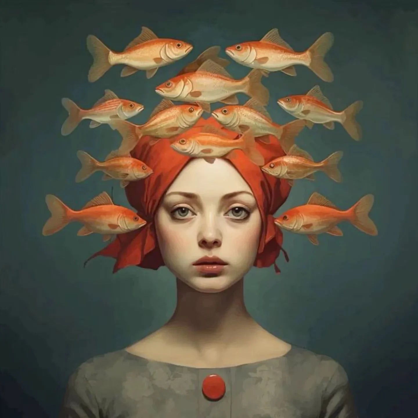 Surrealism Woman & Fish Canvas Wall Art | Fantasy Portrait Print