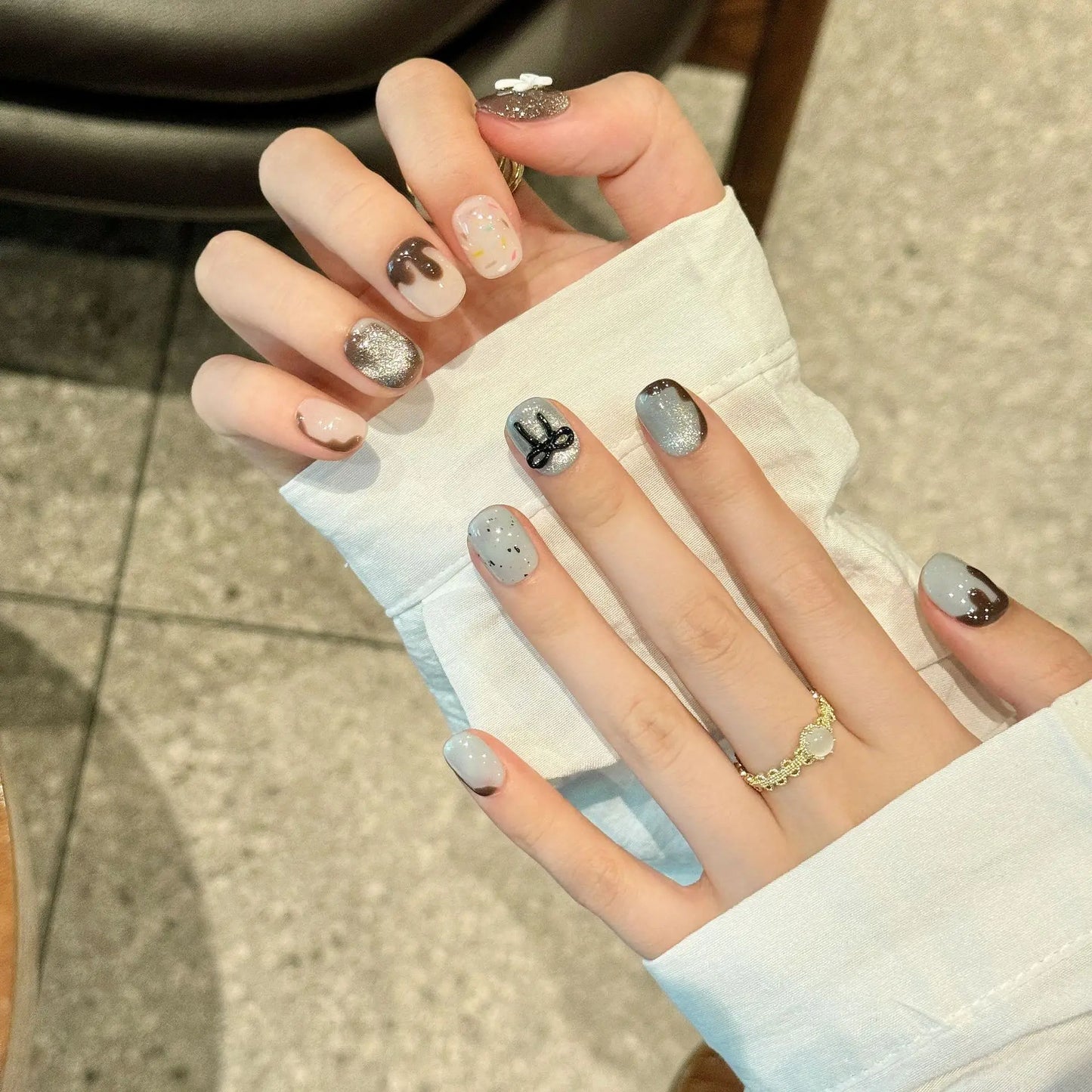 Handmade Press on Nails White Black Bowknot French Fake Nails for Women Girl Wearable Shiny Cat Eye Short Round False Nail Tips Peaceful Pleasures Health and Wellness